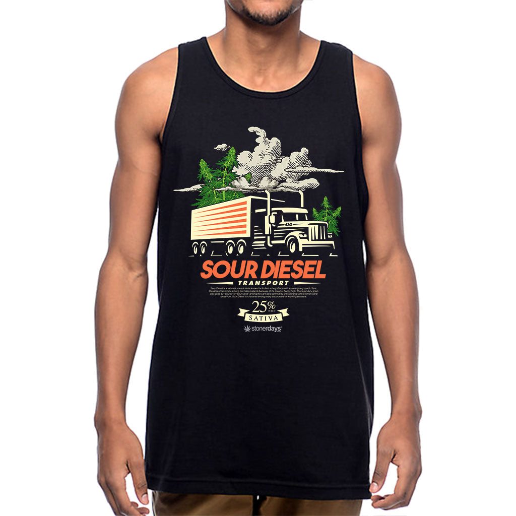 StonerDays Men's Sour Diesel Tank Top, black cotton, front view on model
