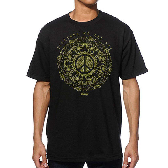StonerDays Men's black cotton tee with psychedelic yellow peace sign, front view, sizes S-3XL
