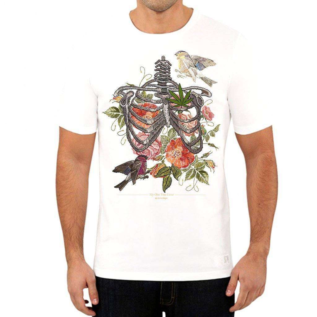 StonerDays Men's True Love Tee in white, featuring a vibrant ribcage and floral design, front view
