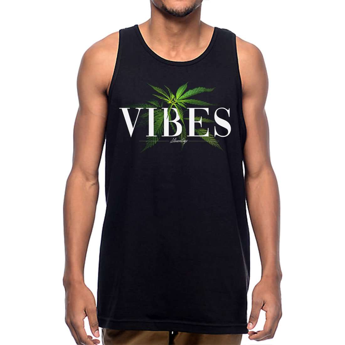 StonerDays Men's Vibes Tank Top in black, front view, featuring a bold cannabis leaf design.