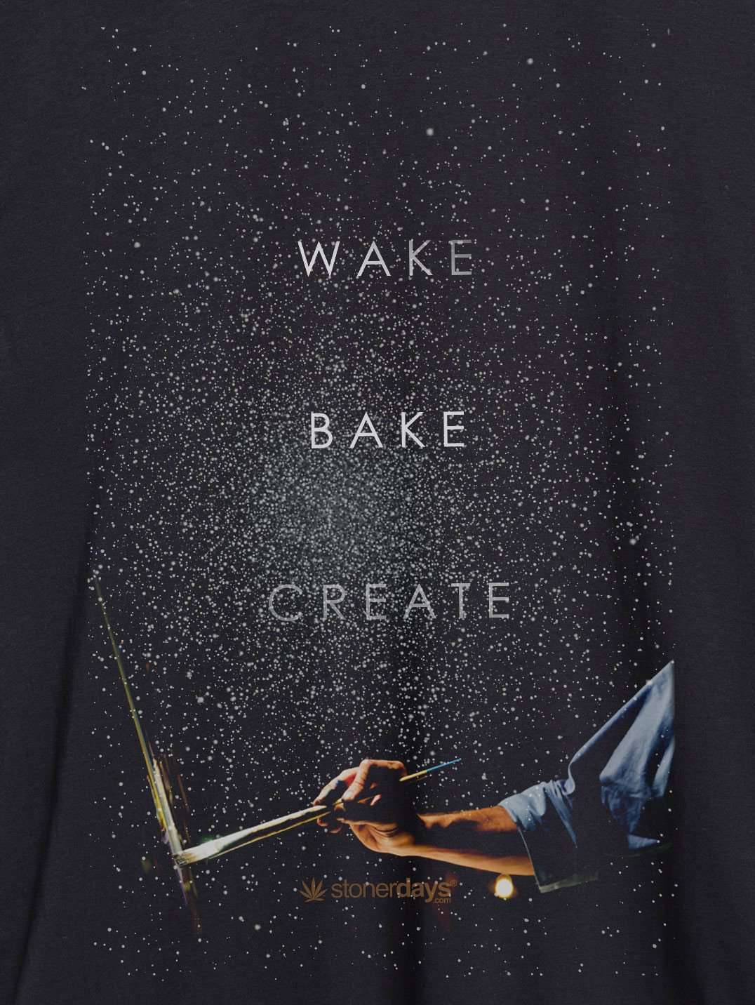 StonerDays Men's Wake Bake Create Tee close-up, cosmic design with inspiring slogan, pure cotton