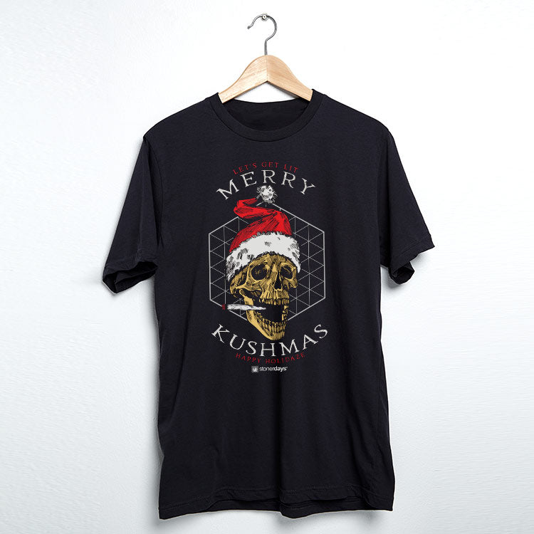 StonerDays Merry Kushmas Men's T-Shirt in Brown Cotton, Front View on Hanger