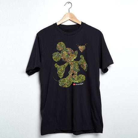 StonerDays Mickey Nugs black cotton t-shirt with cannabis leaf design, front view on hanger