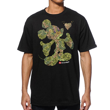 StonerDays Mickey Nugs black cotton t-shirt with cannabis-themed graphic, front view on model