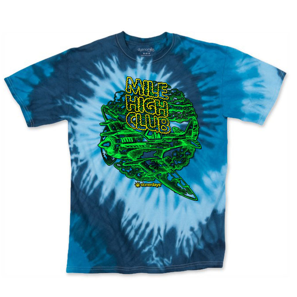 StonerDays Mile High Club blue tie-dye tee, front view on a white background, size range S to XXXL