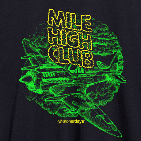 StonerDays Mile High Club Men's Hoodie with vibrant green print, front view on a black background
