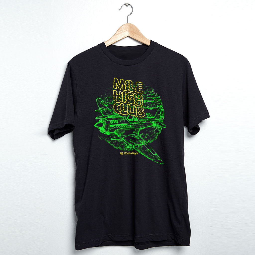 StonerDays Mile High Club Men's Shirt in black cotton, front view on hanger