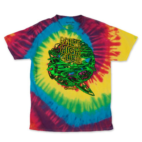 StonerDays Mile High Club Rainbow Tie Dye Tee in vibrant colors, front view on a white background