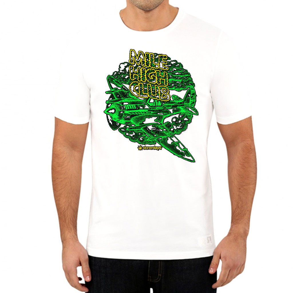 StonerDays Mile High Club White Tee, front view on male model, sizes S to XXXL available
