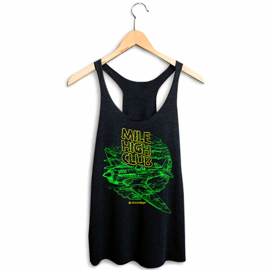 StonerDays Mile High Club Women's Racerback Tank, Black Cotton Blend, Front View on Hanger