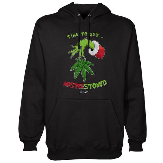 StonerDays Mistlestoned black hoodie with cannabis leaf and mistletoe graphic