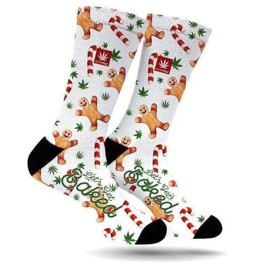 StonerDays Mistlestoned socks with festive cannabis leaf and candy cane design, front view on white background