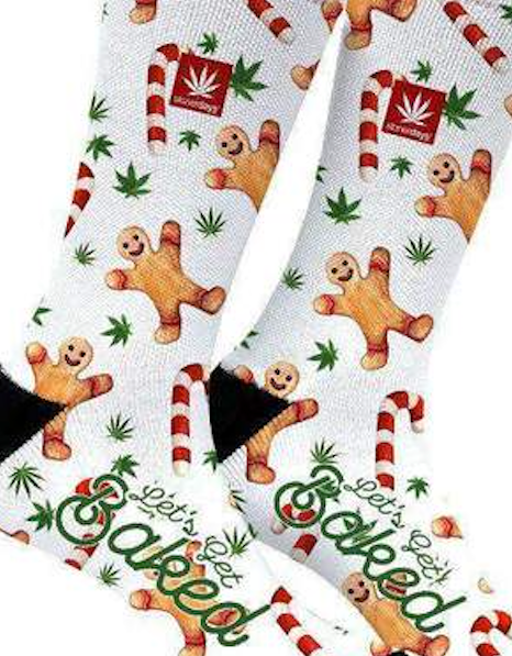 StonerDays Mistlestoned Socks with Cannabis Leaves and Gingerbread Design