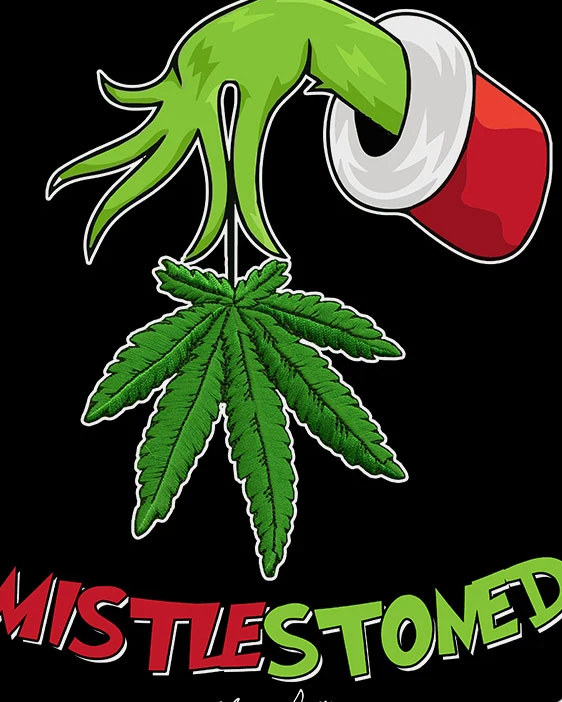 StonerDays Mistlestoned Combo graphic with cannabis leaf and mistletoe on black background
