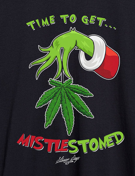StonerDays Mistlestoned Tank close-up, featuring a cannabis leaf with a festive hat graphic.
