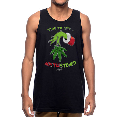 StonerDays Mistlestoned tank top in black, front view on male model, festive cannabis design