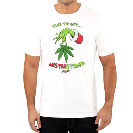 StonerDays Mistlestoned White Tee front view on model, sizes S to 3XL, with festive cannabis design