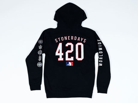 StonerDays Mls All Stars black hoodie with 420 print, rear view on white background