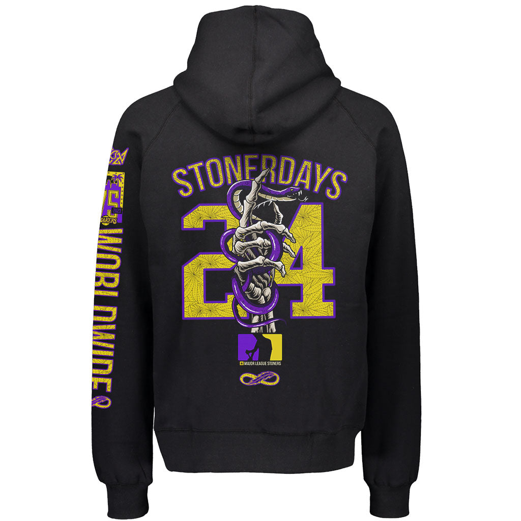 StonerDays Mls Mamba Hoodie in black, back view showcasing vibrant print, made of cotton, size small