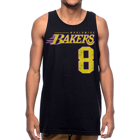 StonerDays Mls Mamba Men's Tank in black with purple and yellow print, front view on a male model