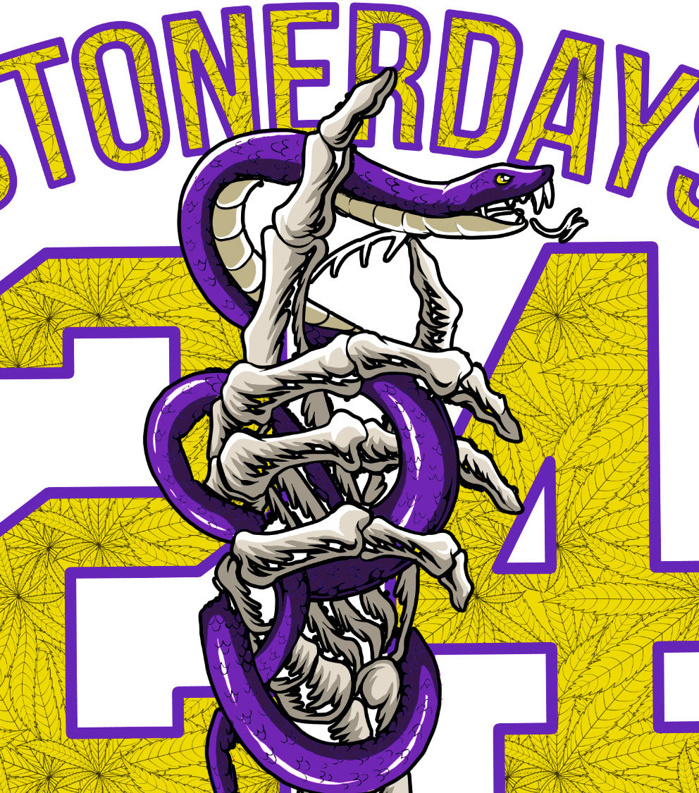 StonerDays Mls Mamba White Tee featuring bold graphic design, close-up view on pure cotton fabric.