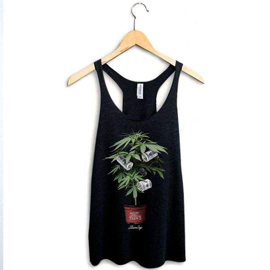 StonerDays Money Tree Racerback tank top in black, sizes S to 2XL, displayed on hanger