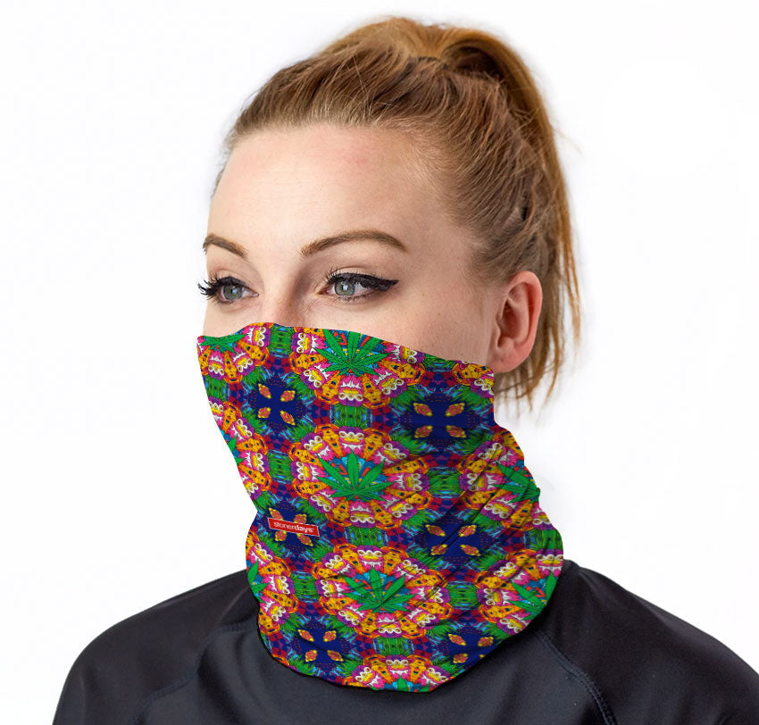 StonerDays Monkey Business Neck Gaiter with vibrant design, front view on model