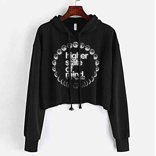 StonerDays Moon Phases Crop Top Hoodie in black with white lunar graphics, front view on hanger