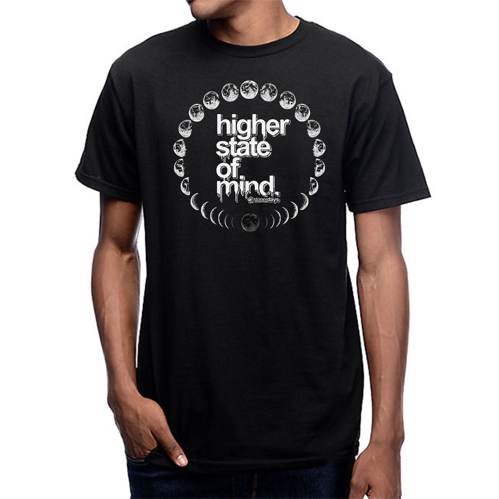 StonerDays Moon Phases Tee with "higher state of mind" text, front view on model