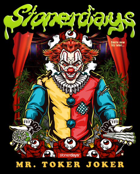 StonerDays Mr. Toker Joker Crop Top Hoodie with vibrant clown graphic, front view