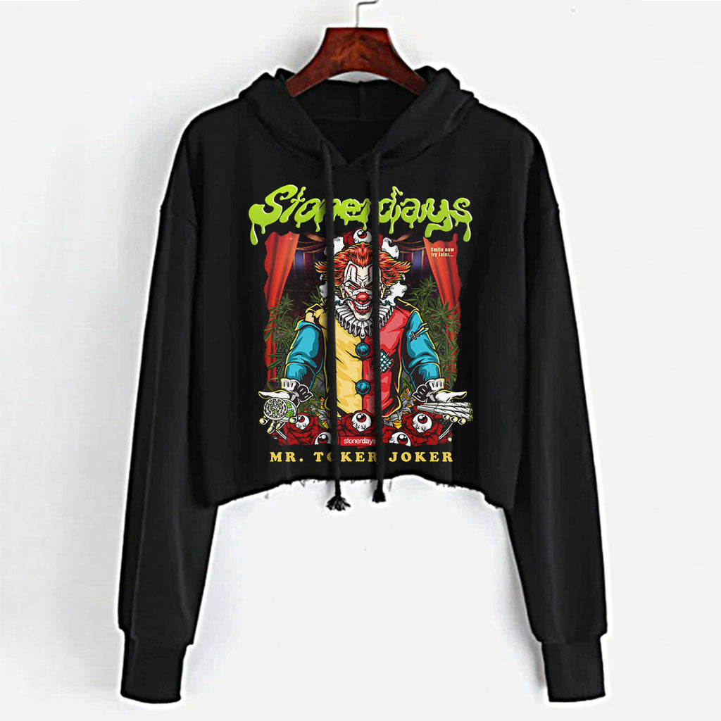 StonerDays Mr. Toker Joker Crop Top Hoodie for Women, Front View on Hanger