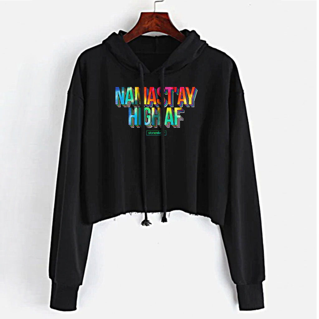 StonerDays Namastay High Af Women's Crop Top Hoodie in Black - Front View