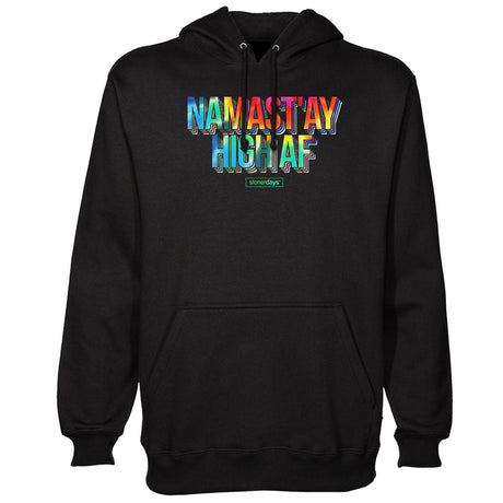 StonerDays Namastay High Af Hoodie in black, front view on white background, sizes S-XXL
