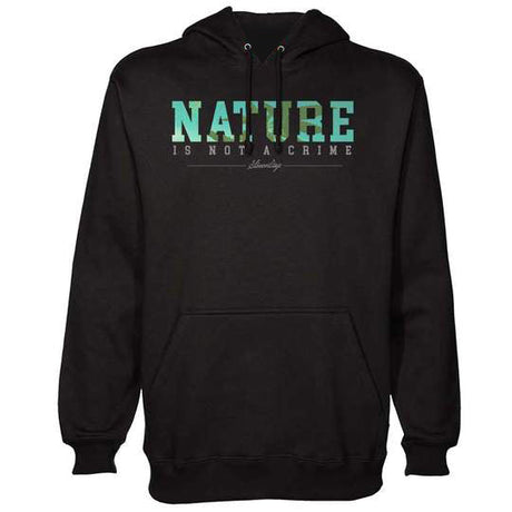 StonerDays men's black hoodie with 'Nature Is Not A Crime' graphic in green, front view on white background