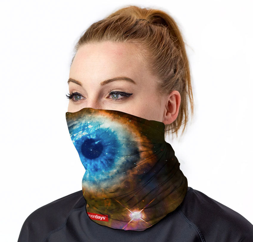 StonerDays Nebula Eye Neck Gaiter featuring cosmic design, front view on model
