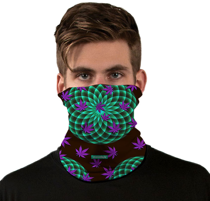 StonerDays Neon Mandala Neck Gaiter with UV Reactive Design, worn on model, front view