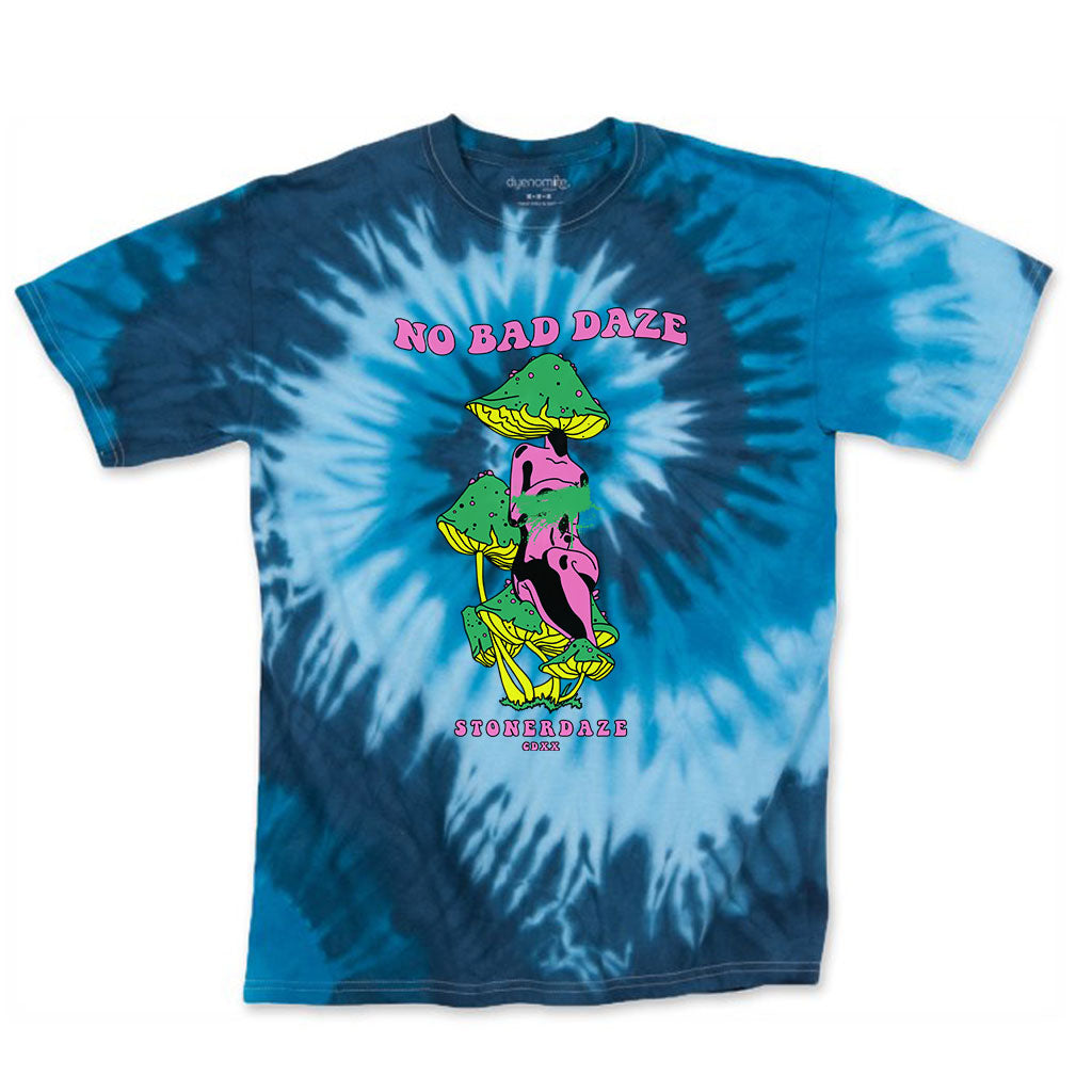StonerDays No Bad Daze Men's Blue Tie Dye Tee, Front View on White Background
