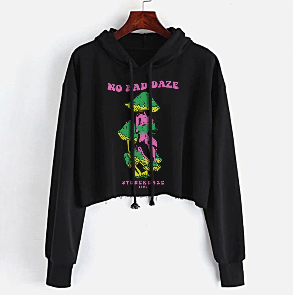 StonerDays No Bad Daze Women's Crop Top Hoodie in Black with Green Print, Front View