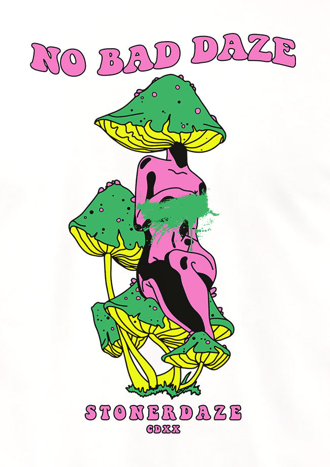 StonerDays No Bad Daze White Tee featuring vibrant mushroom and chillum design, made of cotton