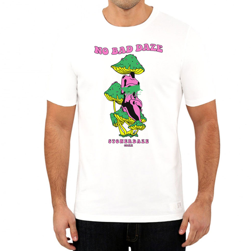StonerDays No Bad Daze white cotton tee, front view on model, featuring colorful chillum design