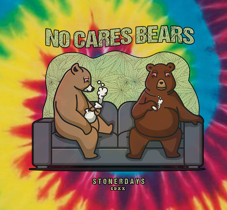 StonerDays No Cares Bears Tee with vibrant rainbow tie-dye background, men's cotton shirt