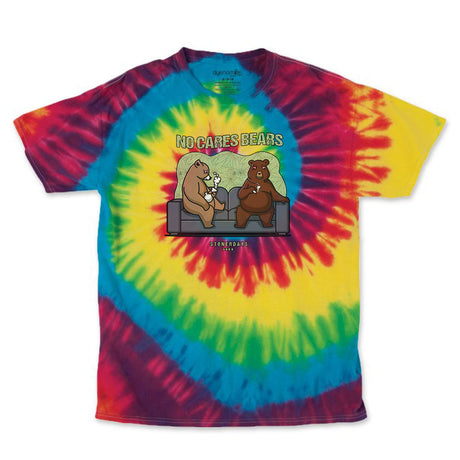 StonerDays No Cares Bears men's tie dye tee in rainbow colors, front view on a white background