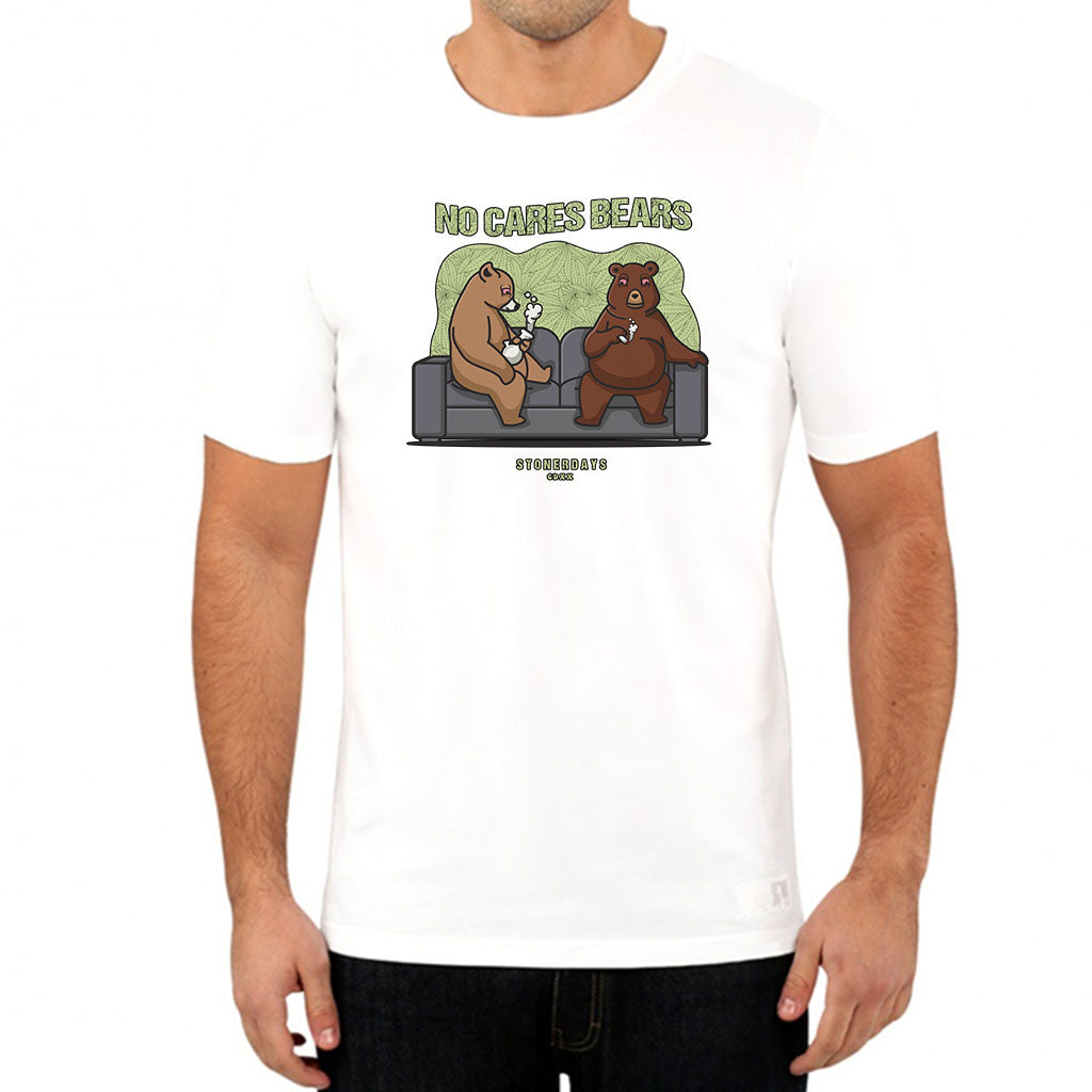 StonerDays No Cares Bears White Tee featuring chillum design, front view on model, sizes S to 3XL