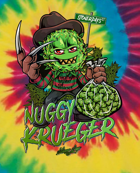 StonerDays Nuggy Krueger Tie Dye Tee with vibrant green and red colors, front view on a white background