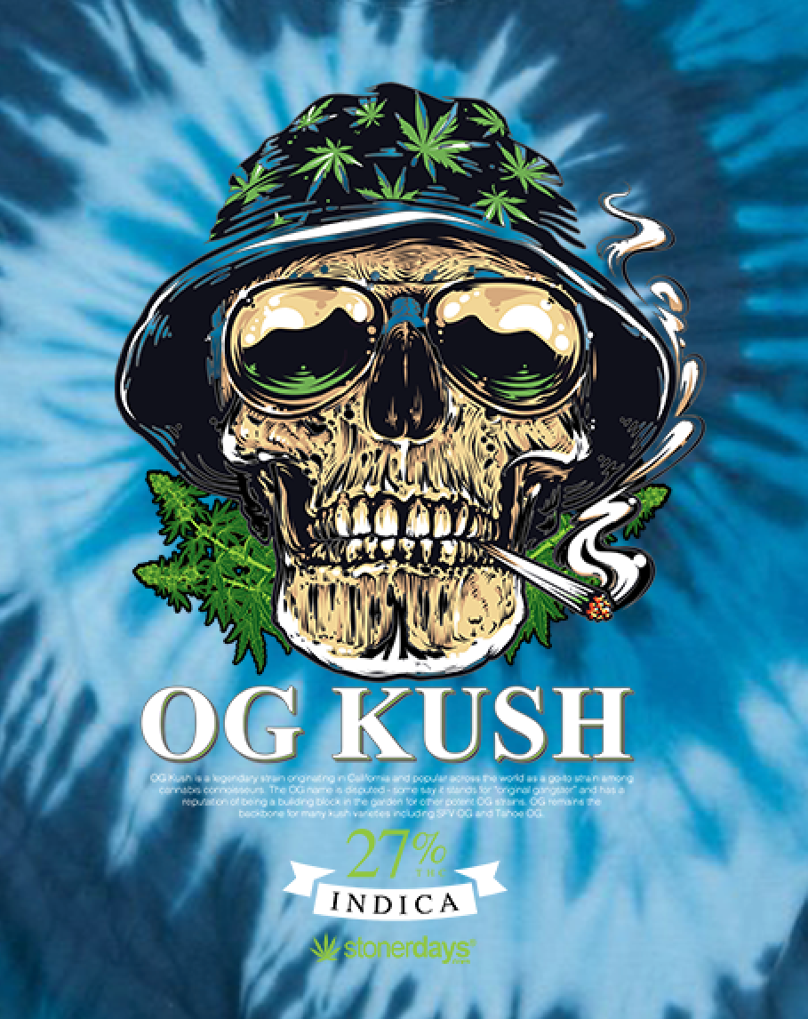StonerDays OG Kush Blue Tie Dye T-Shirt featuring a graphic skull with cannabis leaves, front view.