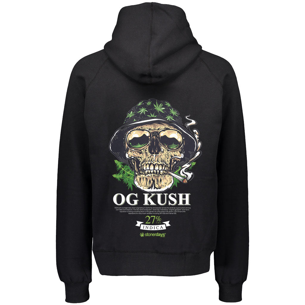 StonerDays OG Kush Men's Hoodie Back View with Cannabis Skull Graphic