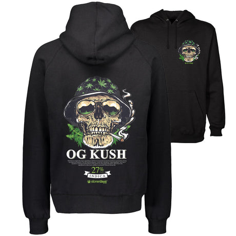 StonerDays OG Kush black hoodie with skull and cannabis leaf design, available in S to XXL