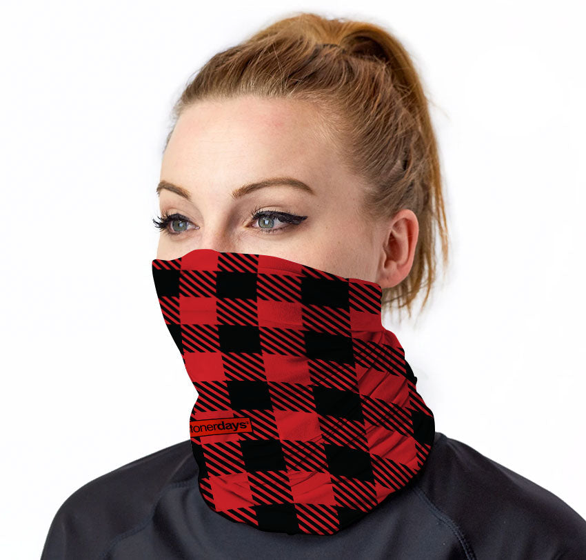 StonerDays Og Red Plaid Gaiter worn by model, front view, versatile polyester headwear