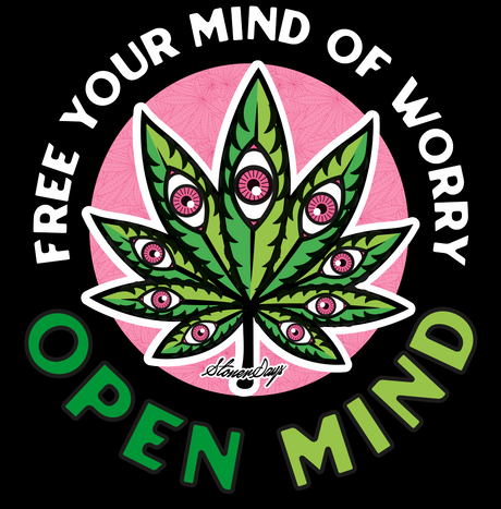 StonerDays Open Mind Crop Top Hoodie graphic with cannabis leaf design on black background