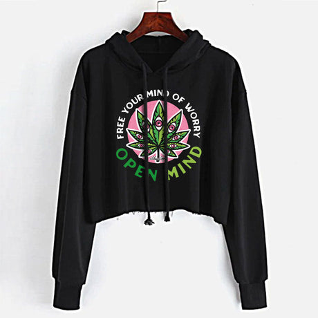 StonerDays Open Mind Crop Top Hoodie in Black, Front View with Graphic Design, Women's Cotton Blend